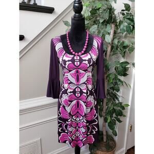 Bisou Bisou Dress Women’s Size 10 Pink Purple Patterned Belted Flare Sleeve